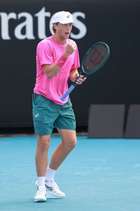 Brandon Holt USA makes a fist and cheers,cheers,joy,emotion, Australian Open 2026 Qualifier, Melbourne Park, Victoria, Australia , Copyright: xJuergenxHasenkopfx