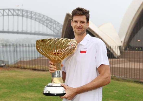 January 12, 2026, Sydney, New South Wales, Australia: HUBERT HURKACZ of Poland with the trophy after winning United Cup in front of Opera House, Sydney, Australia. Sydney Australia - ZUMAc278 20260112_zsp_c278_005 Copyright: xMarcinxCholewinskix