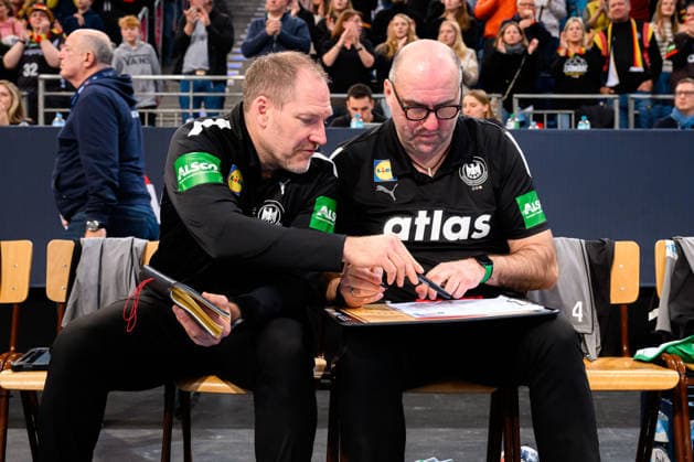 Hannover Handball Laenderspiel Germany Croatia Goalkeeping Coach Mattias Andersson Germany , Co Coach Erik Wudtke Germany Hannover ZAG Arena Nordrhein Westfalen Germany