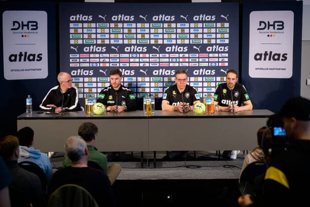 Hanover European Handball Championship 2026 Germany Press conference Tim Oliver Kalle Head of Communications DHB , Johannes Golla Germany , Coach Alfred Gislason Germany , Team Manager Benjamin Chatton Germany Hanover Germany