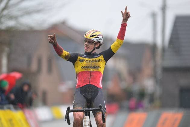 Belgian Marion Norbert Riberolle celebrates as she crosses the finish line to win the women s elite race of the Cyclocross Otegem cycling event, Monday 12 January 2026 in Otegem, the day after the Belgian national cyclocross championships. DAVIDxPINTENS  x155354538x