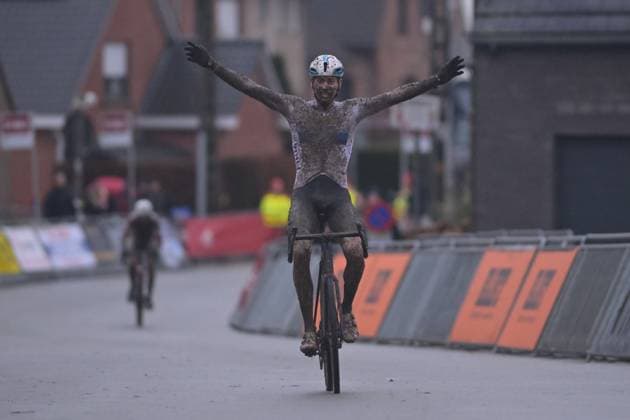 Belgian Toon Aerts and pictured crossing the finish line of the men s elite race of the Cyclocross Otegem cycling event, Monday 12 January 2026 in Otegem, the day after the Belgian national cyclocross championships. DAVIDxPINTENS  x155376469x