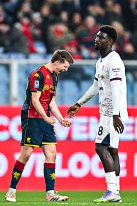 January 12, 2026, Genoa, Genoa: Genoa™s Danish midfielder Morten Frendrup (left) celebrates after scoring a goal during the Italian Serie A soccer match Genoa Cfc vs Cagliari Calcio at Luigi Ferraris stadium in Genoa, Italy, 12 January 2026. ANSA STRINGER. Italy Soccer: Serie A; Genoa Cfc Vs Cagliari Calcio  - ZUMAa110 20260112_zaf_a110_017 Copyright: xStringerx