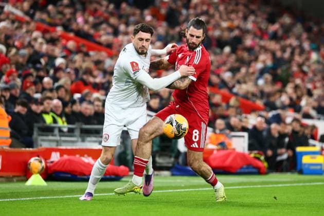 Dominik Szoboszlai of Liverpool and Caylan Vickers of Barnsley Liverpool v Barnsley, Emirates FA Cup, Third Round, Football, Anfield, Liverpool, UK - 12 Jan 2026Liverpool Anfield United Kingdom EDITORIAL USE ONLY No use with unauthorised audio, video, data, fixture lists, club league logos or live services. Online in-match use limited to 120 images, no video emulation. No use in betting, games or single club league player publications.  Copyright: xPaulxCurrie Shutterstockx 16246339r