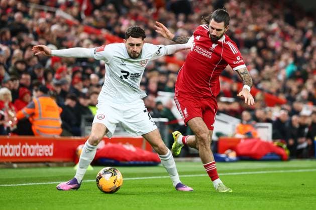 Dominik Szoboszlai of Liverpool and Caylan Vickers of Barnsley Liverpool v Barnsley, Emirates FA Cup, Third Round, Football, Anfield, Liverpool, UK - 12 Jan 2026Liverpool Anfield United Kingdom EDITORIAL USE ONLY No use with unauthorised audio, video, data, fixture lists, club league logos or live services. Online in-match use limited to 120 images, no video emulation. No use in betting, games or single club league player publications.  Copyright: xPaulxCurrie Shutterstockx 16246339s