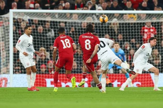 Dominik Szoboszlai of Liverpool scores to make it 1-0 and celebrates Liverpool v Barnsley, Emirates FA Cup, Third Round, Football, Anfield, Liverpool, UK - 12 Jan 2026Liverpool Anfield United Kingdom EDITORIAL USE ONLY No use with unauthorised audio, video, data, fixture lists, club league logos or live services. Online in-match use limited to 120 images, no video emulation. No use in betting, games or single club league player publications.  Copyright: xPaulxCurrie Shutterstockx 16246339ab