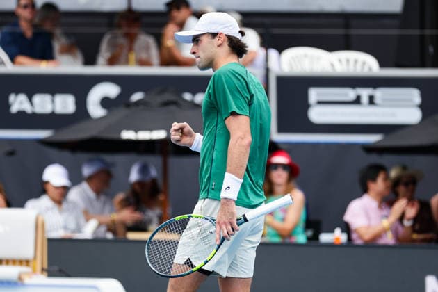USA™s Eliot Spizziriri celebrates after getting after the match during Round 32 Singles Men™s ASB Classic Tennis Tournament at Manuka Doctor Arena, Auckland, New Zealand on Monday 12 January 2026. Photo: Joshua Devenie z Copyright: xx
