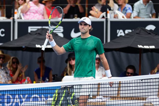 USA™s Eliot Spizziriri celebrates after getting after the match during Round 32 Singles Men™s ASB Classic Tennis Tournament at Manuka Doctor Arena, Auckland, New Zealand on Monday 12 January 2026. Photo: Joshua Devenie z Copyright: xx