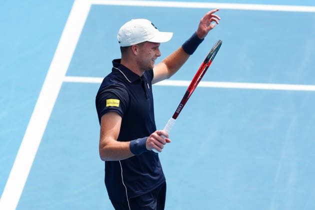 USA™s Jenson Brooksby celebrates after winning the match during Round 32 Singles Men™s ASB Classic Tennis Tournament at Manuka Doctor Arena, Auckland, New Zealand on Monday 12 January 2026. Photo: Joshua Devenie z Copyright: xx