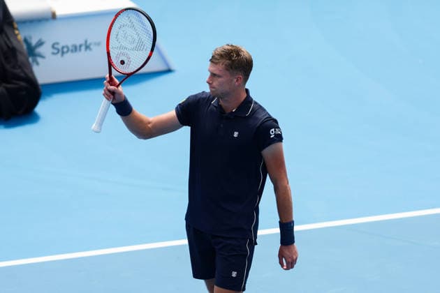 USA™s Jenson Brooksby celebrates after winning during Round 32 Singles Men™s ASB Classic Tennis Tournament at Manuka Doctor Arena, Auckland, New Zealand on Monday 12 January 2026. Photo: Joshua Devenie z Copyright: xx