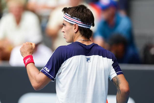 Argentina s Francisco Comesana celebrates after getting a point during Round 32 Singles Men™s ASB Classic Tennis Tournament at Manuka Doctor Arena, Auckland, New Zealand on Monday 12 January 2026. Photo: Joshua Devenie z Copyright: xx