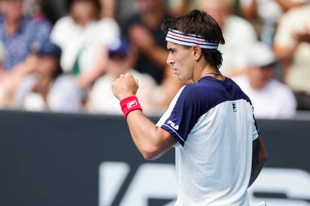 Argentina s Francisco Comesana celebrates after getting a point during Round 32 Singles Men™s ASB Classic Tennis Tournament at Manuka Doctor Arena, Auckland, New Zealand on Monday 12 January 2026. Photo: Joshua Devenie z Copyright: xx
