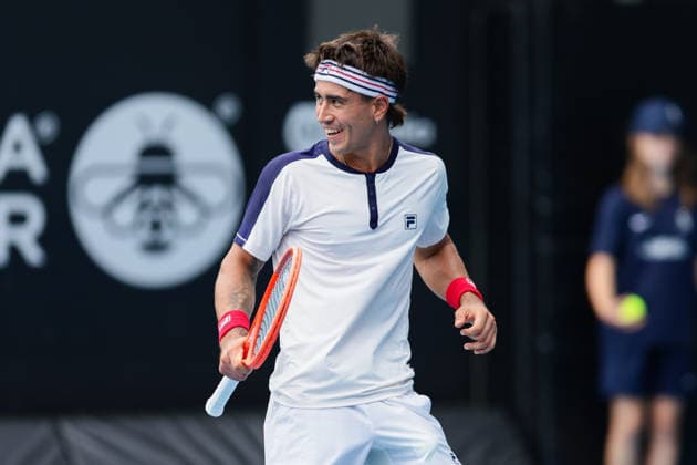 Argentina s Francisco Comesana celebrates after winning during Round 32 Singles Men™s ASB Classic Tennis Tournament at Manuka Doctor Arena, Auckland, New Zealand on Monday 12 January 2026. Photo: Joshua Devenie z Copyright: xx
