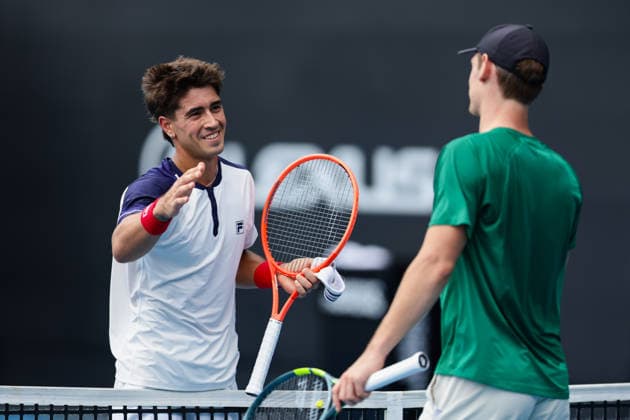 Argentina s Francisco Comesana and France s Valentin Royer shake hands during Round 32 Singles Men™s ASB Classic Tennis Tournament at Manuka Doctor Arena, Auckland, New Zealand on Monday 12 January 2026. Photo: Joshua Devenie z Copyright: xx
