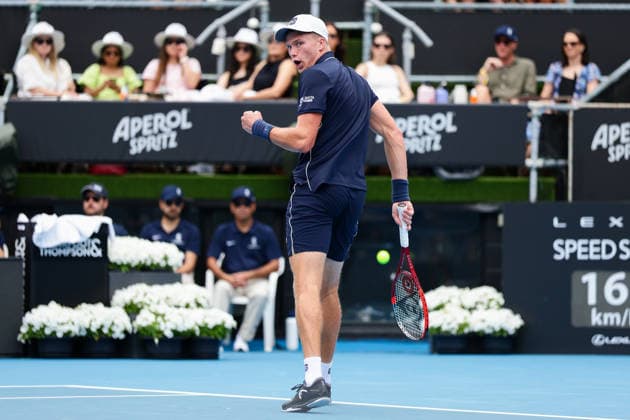USA™s Jenson Brooksby celebrates after getting a point during Round 32 Singles Men™s ASB Classic Tennis Tournament at Manuka Doctor Arena, Auckland, New Zealand on Monday 12 January 2026. Photo: Joshua Devenie z Copyright: xx