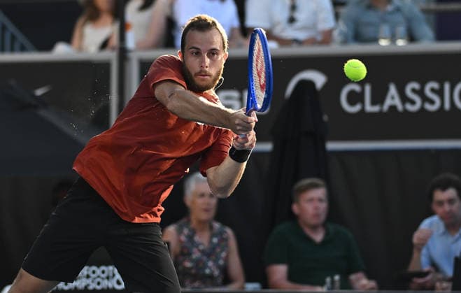 France™s Hugo Gaston during his first round singles match at the ASB Classic Men™s ATP, Tennis Herren 250 tennis tournament at Manuka Doctor Arena, Auckland,New Zealand. Monday 12 January 2026. Photo: Andrew Cornaga z Auckland New Zealand Copyright: xAndrewxCornaga x