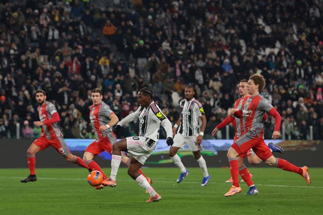 Turin, Italy, 12th January 2026. Jonathan David of Juventus scores to give the side a 2-0 lead during the Juventus vs US Cremonese Serie A match at Allianz Stadium, Turin. Picture credit should read: Jonathan Moscrop Sportimage EDITORIAL USE ONLY. No use with unauthorised audio, video, data, fixture lists, club league logos or live services. Online in-match use limited to 120 images, no video emulation. No use in betting, games or single club league player publications. SPI_005_JM_JUVE_CREMONESE_ SPI-4412-0005