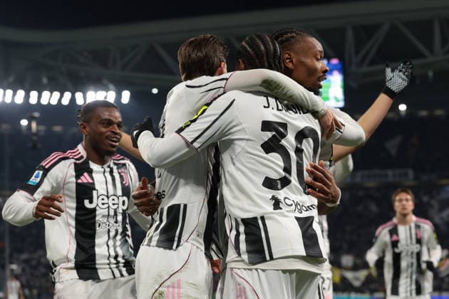 Turin, Italy, 12th January 2026. Jonathan David of Juventus celebrates with team mates after scoring to give the hosts a 2-0 lead during the Juventus vs US Cremonese Serie A match at Allianz Stadium, Turin. Picture credit should read: Jonathan Moscrop Sportimage EDITORIAL USE ONLY. No use with unauthorised audio, video, data, fixture lists, club league logos or live services. Online in-match use limited to 120 images, no video emulation. No use in betting, games or single club league player publications. SPI_018_JM_JUVE_CREMONESE_ SPI-4412-0018