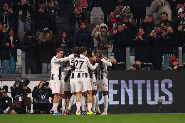 Jonathan David (Juventus Fc) celebrates after scoring his team s second goal with team mates, Serie A, Juventus FC v US Cremonese , Allianz Stadium, January 12, 2026, Turin, Italy.