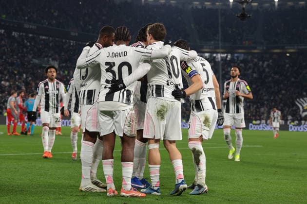 Turin, Italy, 12th January 2026. Kenan Yildiz of Juventus celebrates with team mates after scoring to give the hosts a 3-0 lead during the Juventus vs US Cremonese Serie A match at Allianz Stadium, Turin. Picture credit should read: Jonathan Moscrop Sportimage EDITORIAL USE ONLY. No use with unauthorised audio, video, data, fixture lists, club league logos or live services. Online in-match use limited to 120 images, no video emulation. No use in betting, games or single club league player publications. SPI_046_JM_JUVE_CREMONESE_ SPI-4412-0046