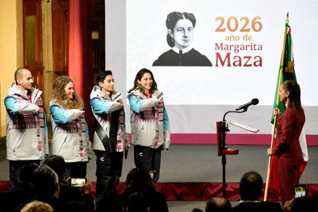 January 12, 2026, Mexico City, Ciudad de Mexico, Mexico: The President of Mexico, Claudia Sheinbaum Pardo, led the flag-raising ceremony for Donovan Carrillo, Sarah Schleper, Allan Corona and Regina MartoÂ­nez, the 4 athletes who will participate in the XXV edition of the Milan-Cortina 2026 Winter Olympic Games, Olympische Spiele, Olympia, OS during a news conference at the National Palace. on January 12, 2026 in Mexico City, Mexico. Mexico City Mexico - ZUMAe321 20260112_zsa_e321_003 Copyright: xLuisxBarronx