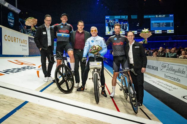 AUGENSTEIN Moritz, KLUGE Roger Sixdays Bremen 2026 Team 9 SWB AUGENSTEIN Moritz GER Black KLUGE Roger GER Red Team 1 BÄUERLEIN Peter GER Pacemaker Winner First Place Award Ceremony Medal Ceremony Podium Landscape horizontal Landscape Event Event Sixdays Bremen 2026 Category Category Category Cycling Track Cycling Sixdays Elite Men Location Location Europe Germany Bremen ÖVB Arena Discipline Derny Race Distance m Date Date 12 01 2026 Monday Day 4