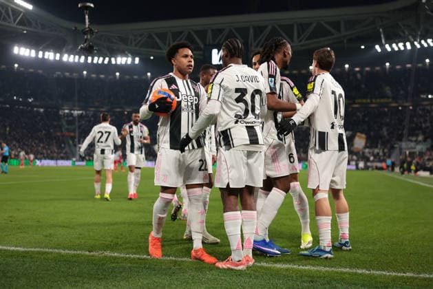 Turin, Italy, 12th January 2026. Jonathan David of Juventus celebrates with team mates after scoring to give the hosts a 2-0 lead during the Juventus vs US Cremonese Serie A match at Allianz Stadium, Turin. Picture credit should read: Jonathan Moscrop Sportimage EDITORIAL USE ONLY. No use with unauthorised audio, video, data, fixture lists, club league logos or live services. Online in-match use limited to 120 images, no video emulation. No use in betting, games or single club league player publications. SPI_064_JM_JUVE_CREMONESE_ SPI-4412-0063