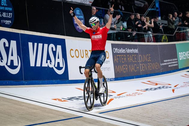 SCARTEZZINI Michele Sixdays Bremen 2026 Team 6 STARK GEBÄUDEREINIGUNG SCARTEZZINI Michele ITA Red Winner First Place Landscape horizontal Landscape Event Event Sixdays Bremen 2026 Category Category Cycling Track Cycling Sixdays Elite Men Location Location Europe Germany Bremen ÖVB Arena Discipline Madison Distance 1 Hour Date Date 12 01 2026 Monday Day 4