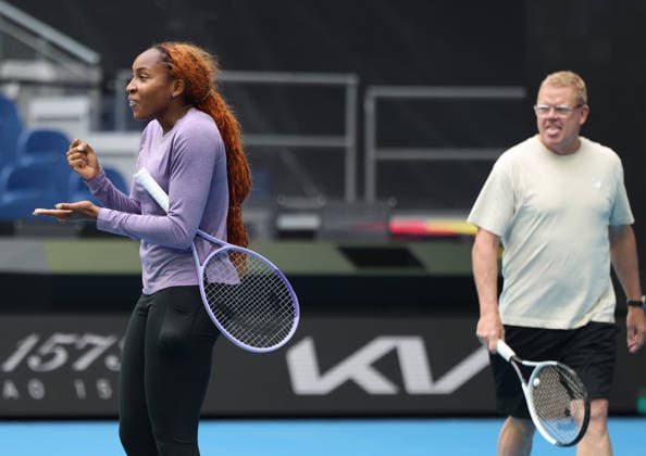 January 13, 2026, Melbourne, Victoria, Australia: COCO GAUFF and coach GAVIN MACMILLAN of USA during practise session before Australian Open, Melbourne, Australia. Melbourne Australia - ZUMAc278 20260113_zsp_c278_015 Copyright: xMarcinxCholewinskix