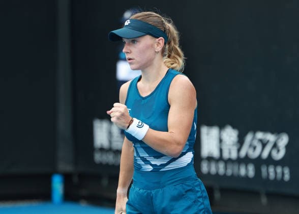Maria Timofeeva makes a fist and cheers, cheers, joy, emotion, Australian Open 2026 qualifier, Melbourne Park, Melbourne, Victoria, Australia Copyright: xJuergenxHasenkopfx