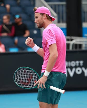 Leandro Riedi SUI makes a fist and cheers,cheers,joy,emotion, Australian Open 2026 Qualifier, Melbourne Park, Melbourne, Victoria, Australia Copyright: xJuergenxHasenkopfx