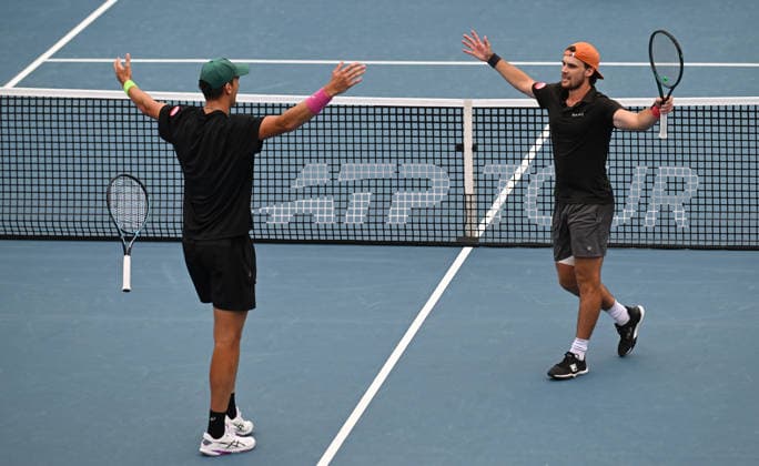 New Zealand™s Finn Reynolds and James Watt during their doubles match at the ASB Classic Men™s ATP, Tennis Herren 250 tennis tournament at Manuka Doctor Arena, Auckland,New Zealand. Tuesday 13 January 2026. Photo: Andrew Cornaga z Auckland New Zealand Copyright: xAndrewxCornaga x