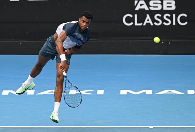 France™s Giovanni Mpetshi Perricard during his first round singles match at the ASB Classic Men™s ATP, Tennis Herren 250 tennis tournament at Manuka Doctor Arena, Auckland,New Zealand. Tuesday 13 January 2026. Photo: Andrew Cornaga z Auckland New Zealand Copyright: xAndrewxCornaga x