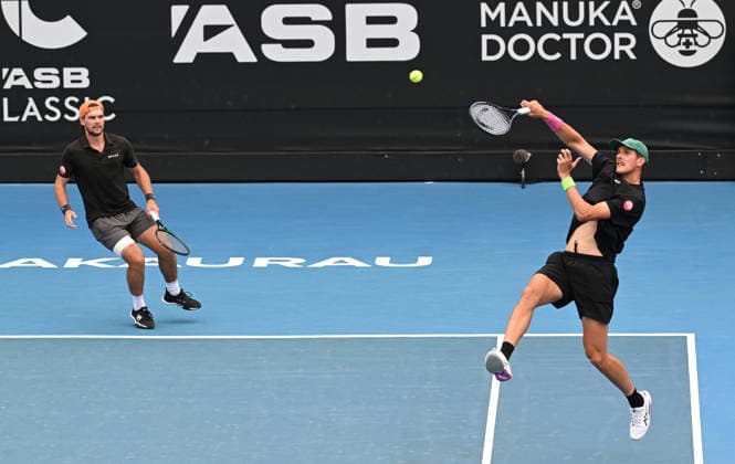 New Zealand™s Finn Reynolds and James Watt during their doubles match at the ASB Classic Men™s ATP, Tennis Herren 250 tennis tournament at Manuka Doctor Arena, Auckland,New Zealand. Tuesday 13 January 2026. Photo: Andrew Cornaga z Auckland New Zealand Copyright: xAndrewxCornaga x