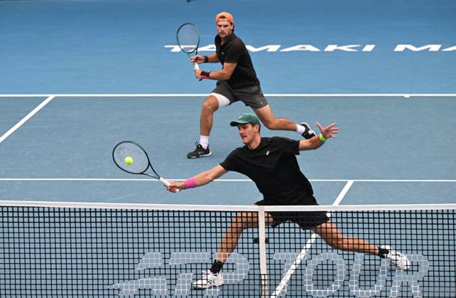 New Zealand™s Finn Reynolds and James Watt during their doubles match at the ASB Classic Men™s ATP, Tennis Herren 250 tennis tournament at Manuka Doctor Arena, Auckland,New Zealand. Tuesday 13 January 2026. Photo: Andrew Cornaga z Auckland New Zealand Copyright: xAndrewxCornaga x