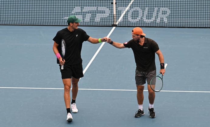 New Zealand™s Finn Reynolds and James Watt during their doubles match at the ASB Classic Men™s ATP, Tennis Herren 250 tennis tournament at Manuka Doctor Arena, Auckland,New Zealand. Tuesday 13 January 2026. Photo: Andrew Cornaga z Auckland New Zealand Copyright: xAndrewxCornaga x