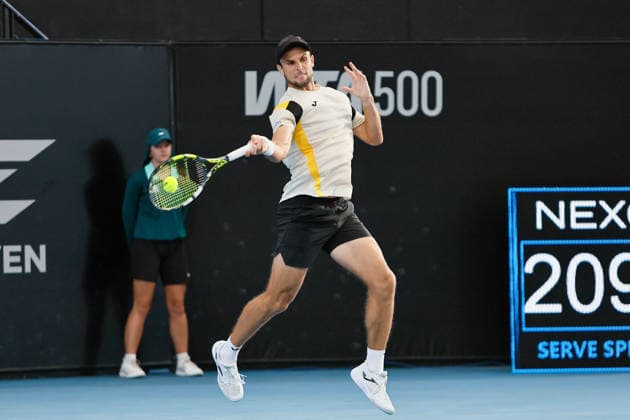 January 13, 2026, Adelaide, South Australia, Australia: ALEKSANDER VUKIC of Australia in action during his first round win 7-6 (6-3), 7-6 (6-5) against S. TSITSIPAS, during the 2026 Adelaide International Tennis Tournament Adelaide Australia - ZUMAw216 20260113_zsp_w216_090 Copyright: xMarkxWilloughbyx