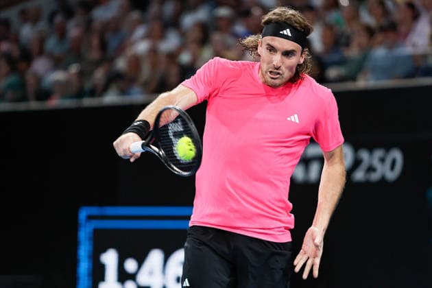 January 13, 2026, Adelaide, South Australia, Australia: STEFANOS TSITSIPAS of Greece in action in his first round match against A. VUKIC of Australia, during the 2026 Adelaide International Tennis Tournament Adelaide Australia - ZUMAw216 20260113_zsp_w216_112 Copyright: xMarkxWilloughbyx