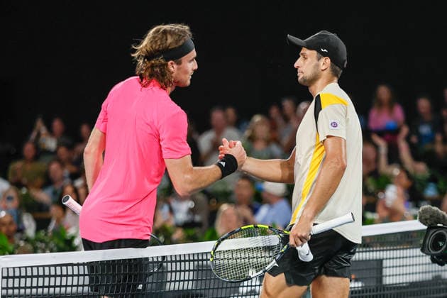 January 13, 2026, Adelaide, South Australia, Australia: STEFANOS TSITSIPAS of Greece and ALEKSANDER VUKIC of Australia shake hands after their first round match, during the 2026 Adelaide International Tennis Tournament Adelaide Australia - ZUMAw216 20260113_zsp_w216_115 Copyright: xMarkxWilloughbyx