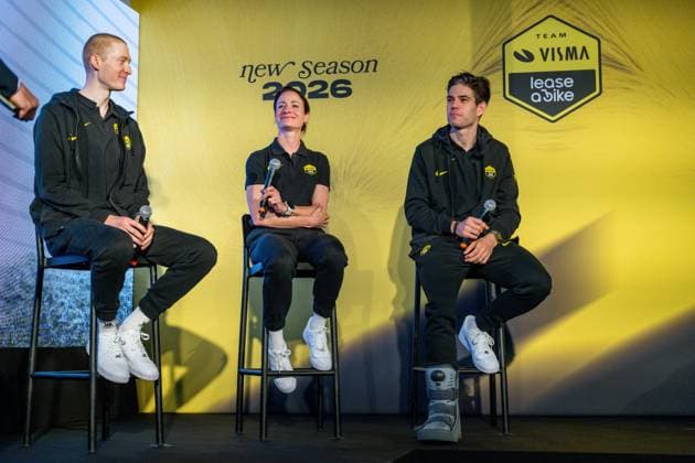 American Matteo Jorgenson, Dutch Marianne Vos and Belgian Wout van Aert pictured during the team presentation of the Team Visma-Lease a Bike cycling team in Alicante, Spain, Tuesday 13 January 2026. DAVIDxPINTENS  x155608874x