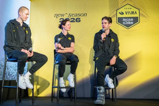American Matteo Jorgenson, Dutch Marianne Vos and Belgian Wout van Aert pictured during the team presentation of the Team Visma-Lease a Bike cycling team in Alicante, Spain, Tuesday 13 January 2026. DAVIDxPINTENS  x155608927x