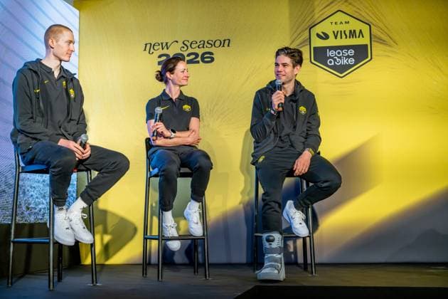 American Matteo Jorgenson, Dutch Marianne Vos and Belgian Wout van Aert pictured during the team presentation of the Team Visma-Lease a Bike cycling team in Alicante, Spain, Tuesday 13 January 2026. DAVIDxPINTENS  x155609241x