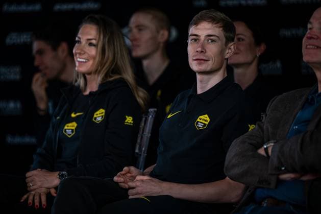 French Pauline Ferrand Prevot and Danish Jonas Vingegaard Hansen pictured during the team presentation of the Team Visma-Lease a Bike cycling team in Alicante, Spain, Tuesday 13 January 2026. DAVIDxPINTENS  x155649679x