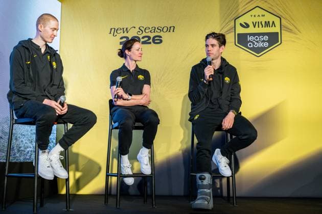 American Matteo Jorgenson, Dutch Marianne Vos and Belgian Wout van Aert pictured during the team presentation of the Team Visma-Lease a Bike cycling team in Alicante, Spain, Tuesday 13 January 2026. DAVIDxPINTENS  x155652525x