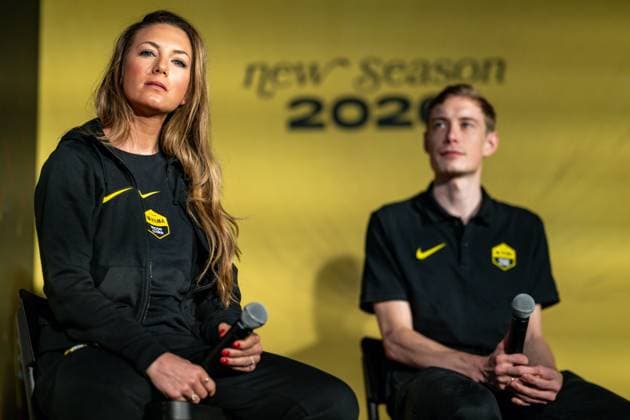 French Pauline Ferrand Prevot and Danish Jonas Vingegaard Hansen pictured during the team presentation of the Team Visma-Lease a Bike cycling team in Alicante, Spain, Tuesday 13 January 2026. DAVIDxPINTENS  x155654689x