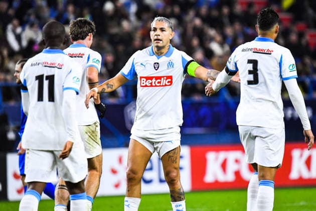 FOOTBALL : Bayeux FC vs Olympique de Marseille - Coupe de France - 16e de finale - 13 01 2026 Joie des joueurs de l™OM aprÃ s le but de Amine Gouiri (OM) CaenFrance  Copyright: xBaptistexAutissierx