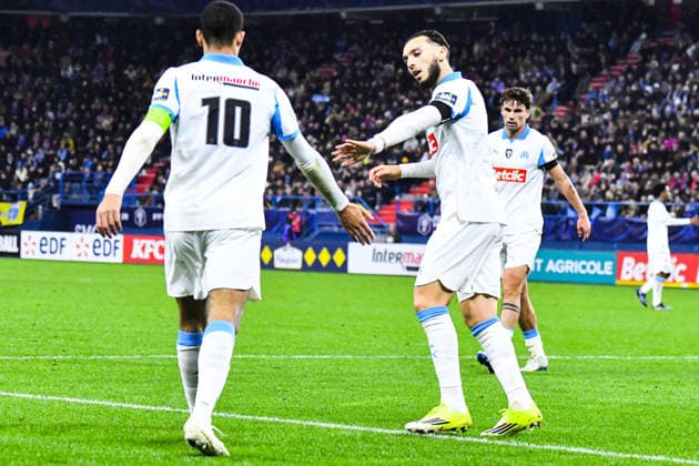 FOOTBALL : Bayeux FC vs Olympique de Marseille - Coupe de France - 16e de finale - 13 01 2026 Joie des joueurs de l™OM aprÃ s le 2e but de Amine Gouiri (OM) CaenFrance  Copyright: xBaptistexAutissierx