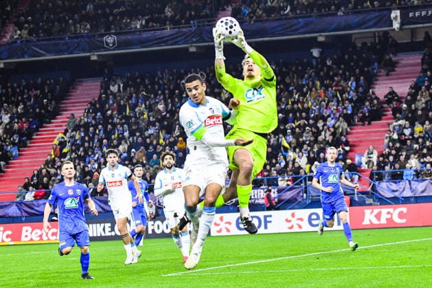 FOOTBALL : Bayeux FC vs Olympique de Marseille - Coupe de France - 16e de finale - 13 01 2026 Mason Greenwood (OM) Oscar Lecanu (Bayeux FC) CaenFrance  Copyright: xBaptistexAutissierx
