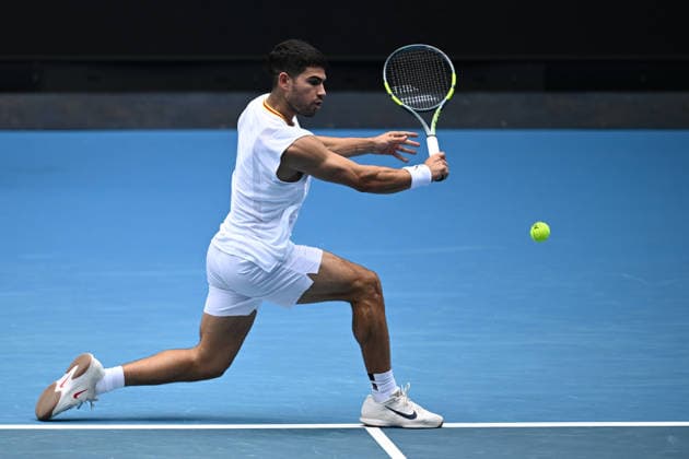 TENNIS AUSTRALIAN OPEN PRACTICE, Carlos Alcaraz of Spain during practice sessions ahead of the Australian Open tennis tournament at Melbourne Park in Melbourne, Wednesday, January 14, 2026. ( NO ARCHIVING, EDITORIAL USE ONLY MELBOURNE VICTORIA AUSTRALIA  Copyright: xJOELxCARRETTx 20260114192329367521