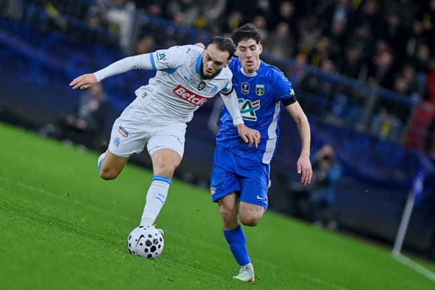 Bayeux FC v Olympique de Marseille - French Cup 2025 2026. FC CAEN, FRANCE - JANUARY 13 Amine Gouiri 9 of Olympique de Marseille celebrates his first goal during the French Cup - Round of 32 match between Bayeux FC and Olympique de Marseille at Stade Michel D Ornano on January 13, 2026 in Caen, France..Photo by Franck Castel ABACAPRESS.COM caen France  Copyright: xCastelxFranck ABACAx